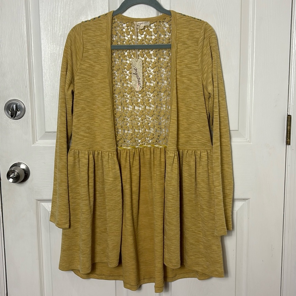 NEW Mystree mustard babydoll style open front cardigan lace crochet back Small